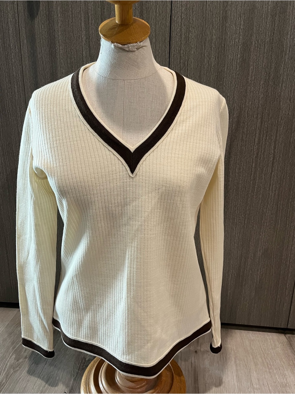 Cream V-Neck Sweater with Brown Trim, vintage